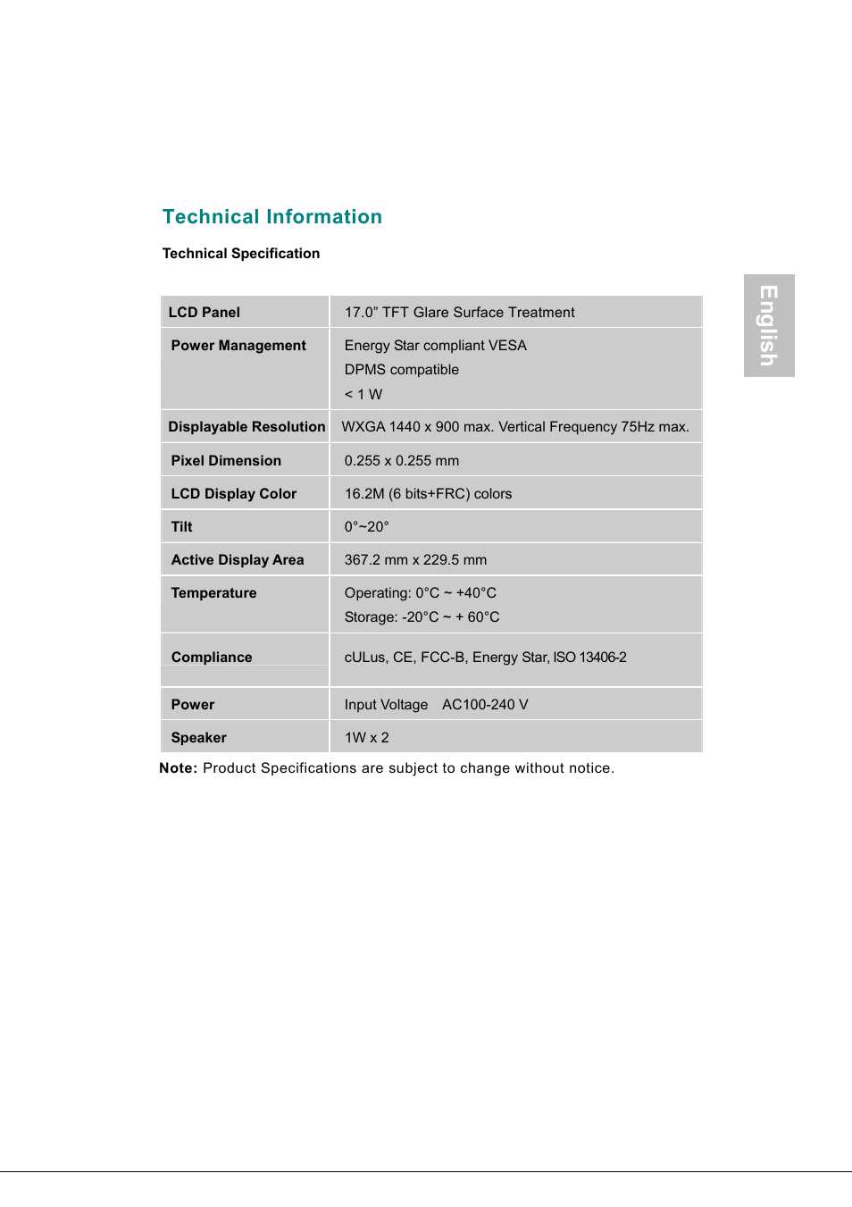 Technical information, Power management, Active display area | Compliance, Supporting timing modes, English | AOC 718Swag-1 User Manual | Page 14 / 57