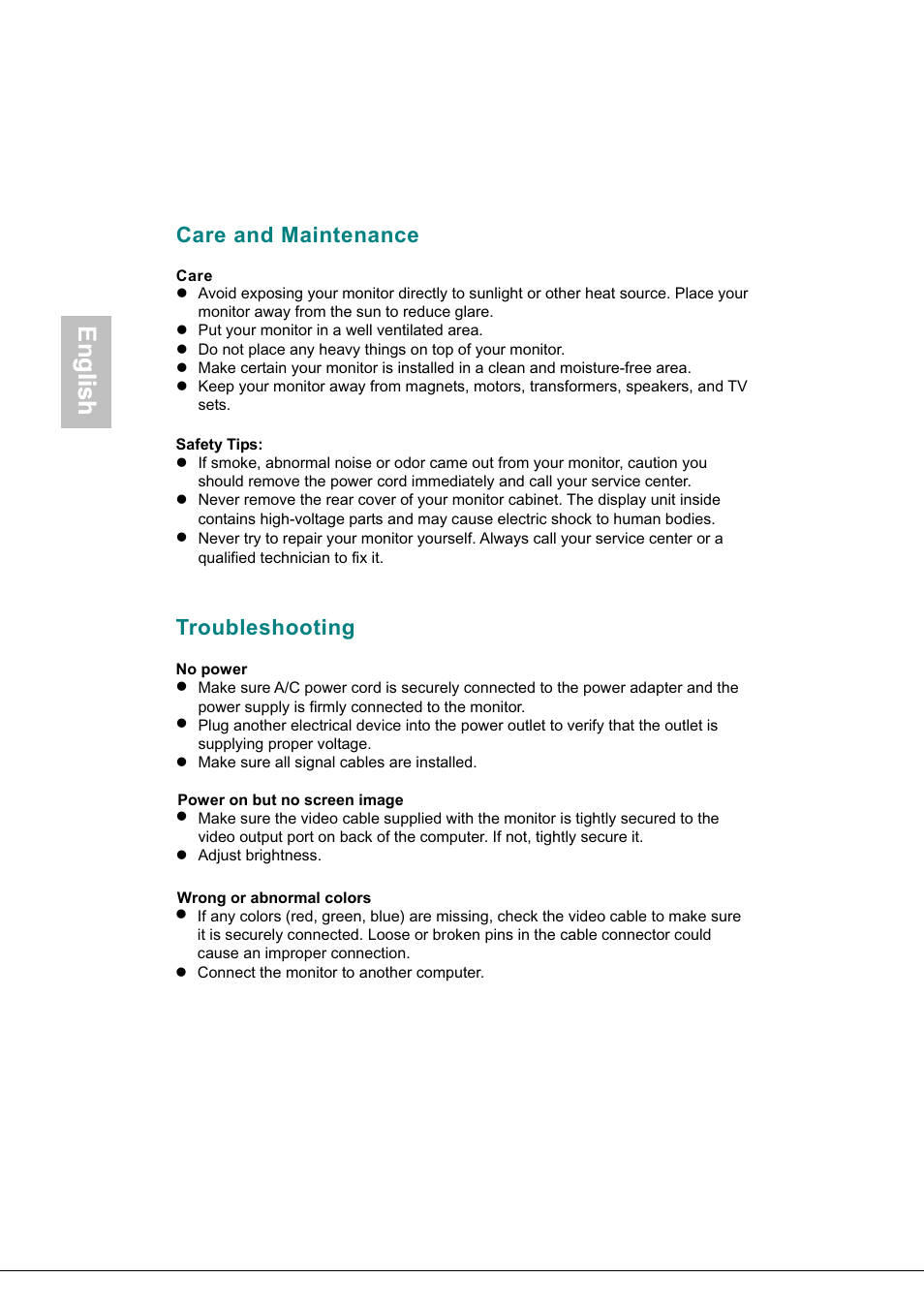 Care and maintenance, Care, Note | Troubleshooting, Technical information, English, Glish | AOC 718Swag-1 User Manual | Page 15 / 57