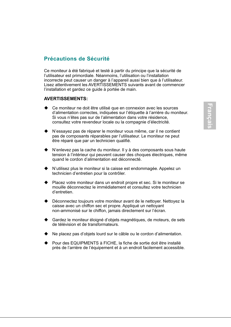 Précautions de sécurité, Français | AOC 718Swag-1 User Manual | Page 18 / 57