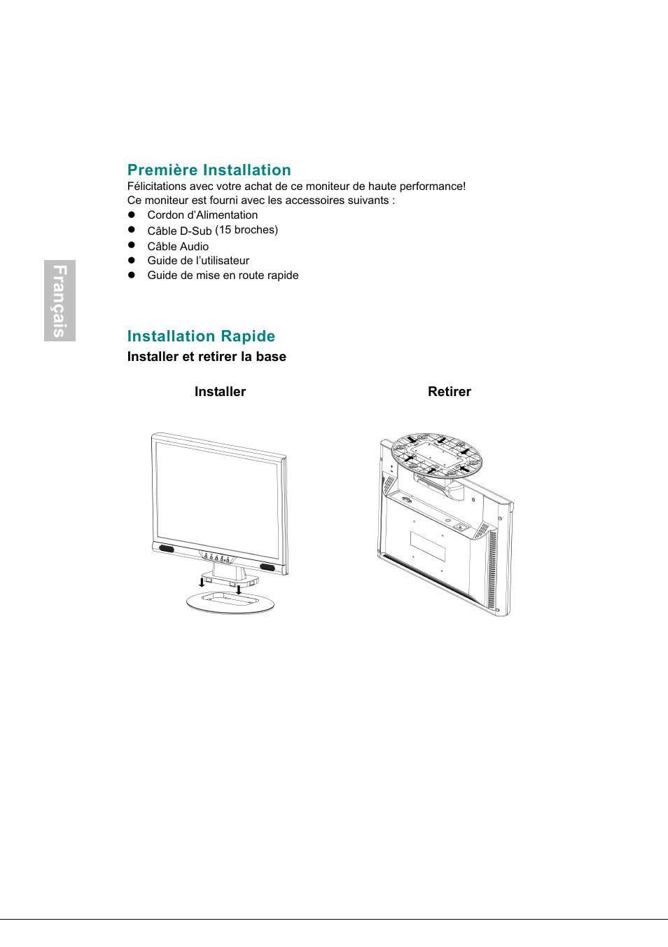 Français, Première installation, Installation rapide | AOC 718Swag-1 User Manual | Page 19 / 57