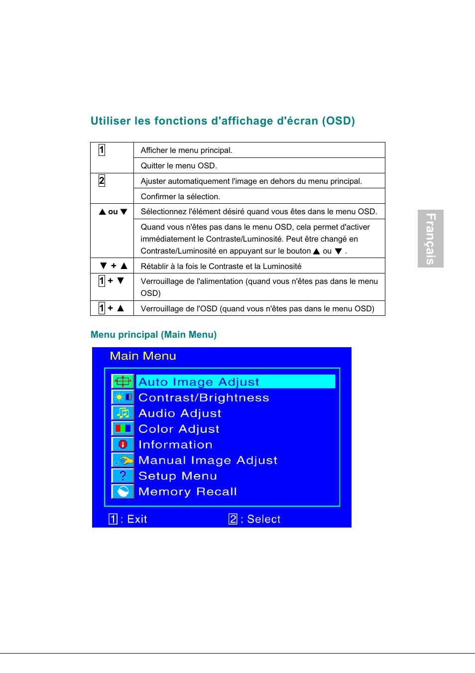 Utiliser les fonctions d'affichage d'écran (osd), Français | AOC 718Swag-1 User Manual | Page 24 / 57