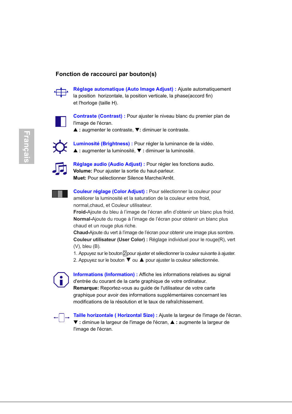 Français, Fonction de raccourci par bouton(s) | AOC 718Swag-1 User Manual | Page 25 / 57