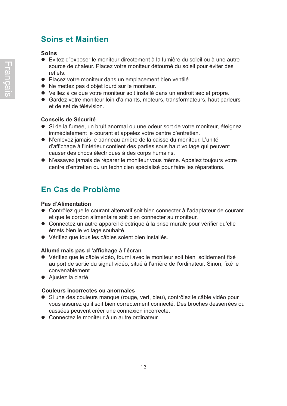 Soins et maintien, Soins, Remarque | En cas de problème, Soins et maintien en cas de problème, Français | AOC 718Swag-1 User Manual | Page 29 / 57