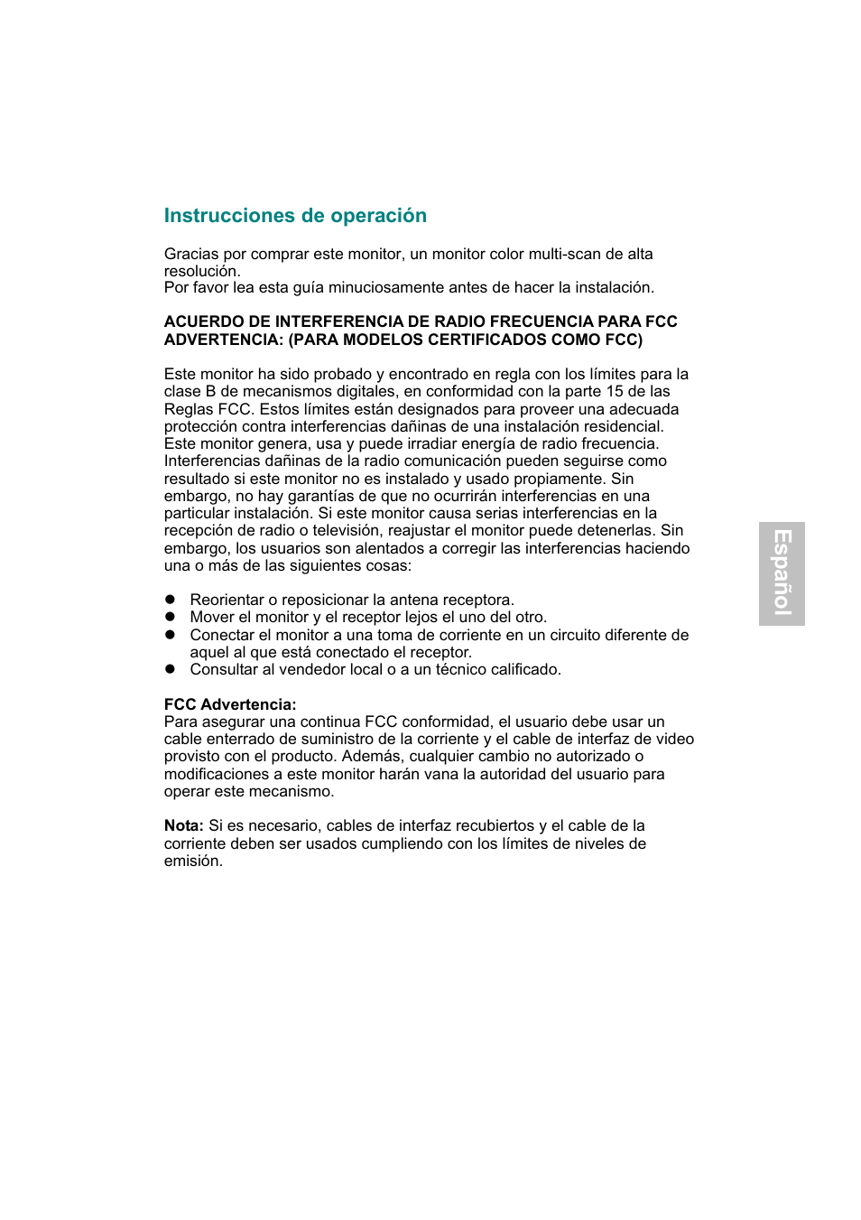 Instrucciones de operación, Español | AOC 718Swag-1 User Manual | Page 30 / 57