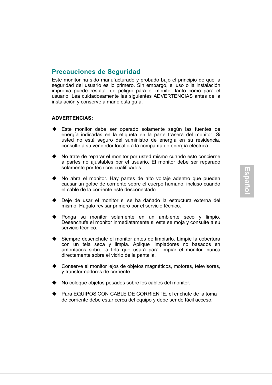 Precauciones de seguridad, Español | AOC 718Swag-1 User Manual | Page 32 / 57