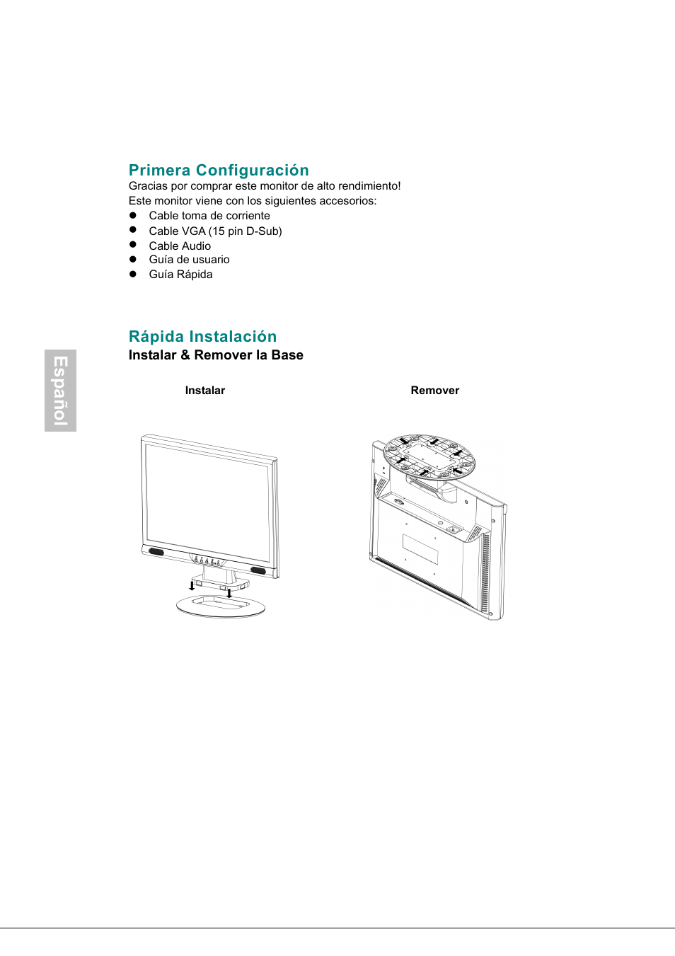 Español, Primera configuración, Rápida instalación | AOC 718Swag-1 User Manual | Page 33 / 57