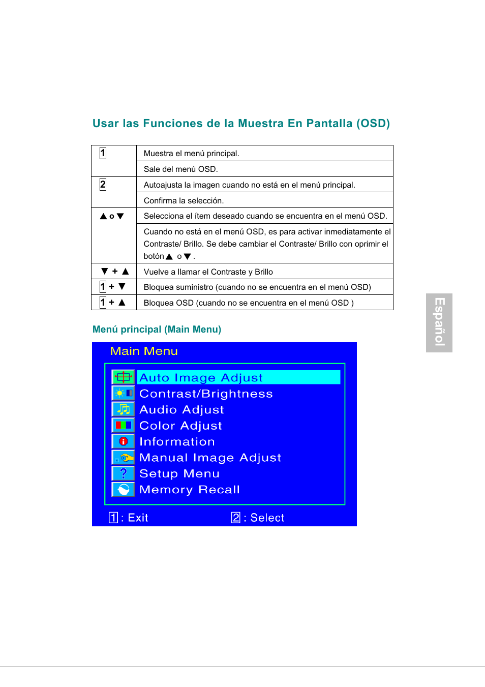 Usar las funciones de la muestra en pantalla (osd), Español | AOC 718Swag-1 User Manual | Page 38 / 57