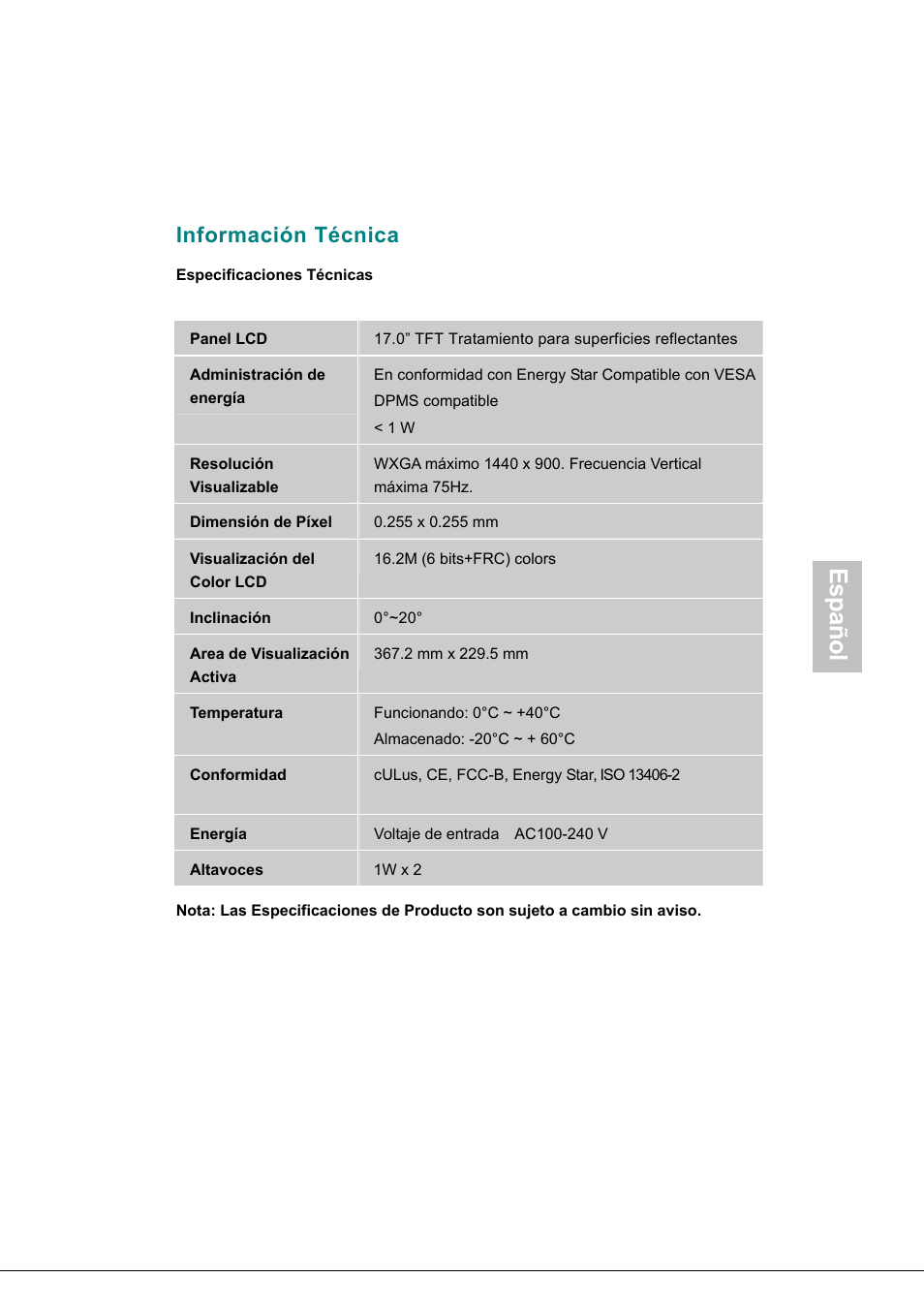 Información técnica, Panel lcd, Administración de energía | Area de visualización activa, Conformidad, Español | AOC 718Swag-1 User Manual | Page 42 / 57