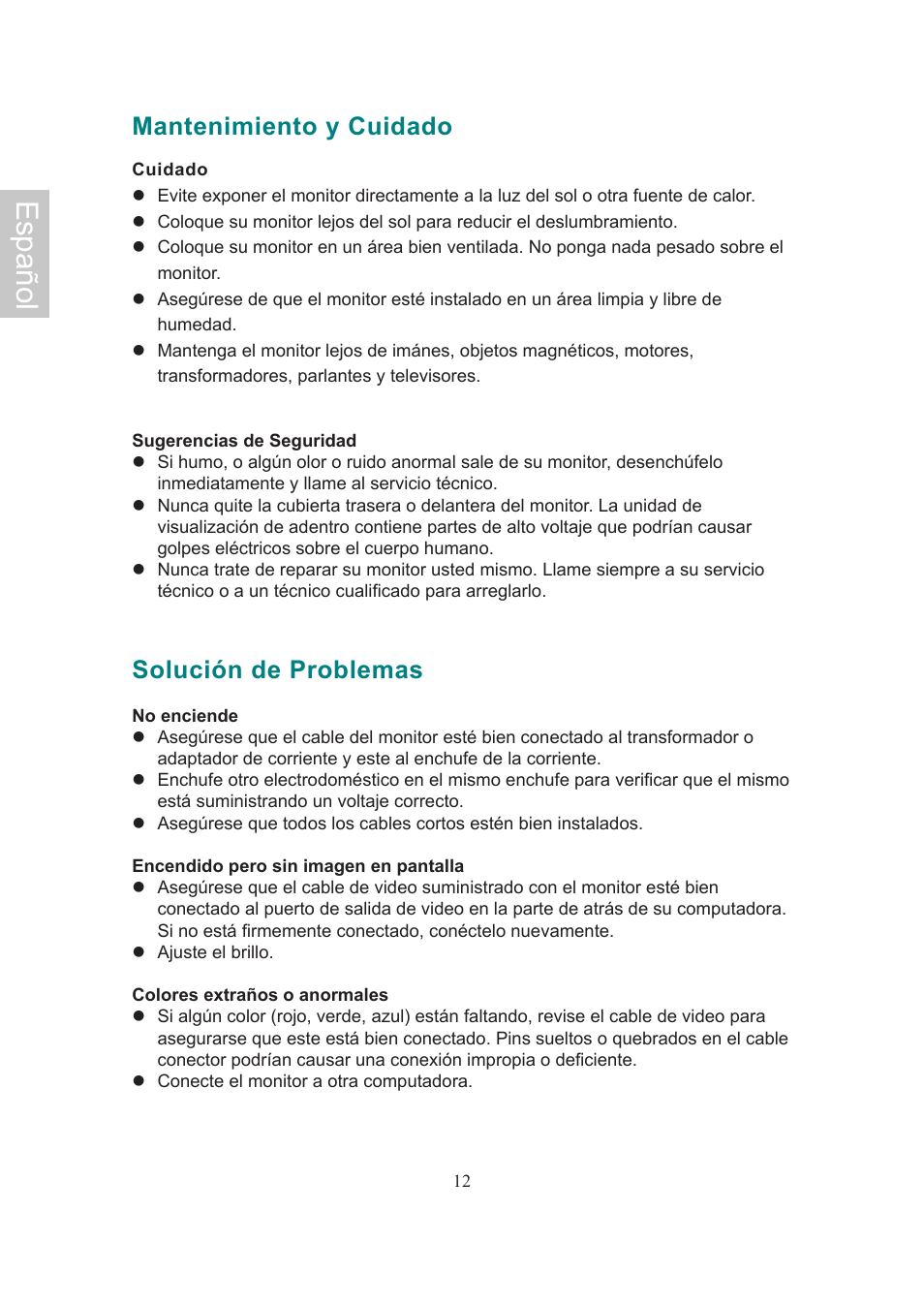 Mantenimiento y cuidado, Cuidado, Nota | Solución de problemas, Mantenimiento y cuidado solución de problemas, Español | AOC 718Swag-1 User Manual | Page 43 / 57