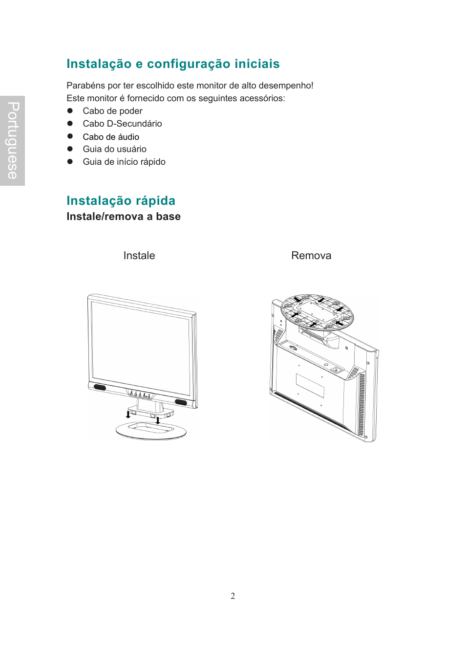 Portuguese, Instalação e configuração iniciais, Instalação rápida | AOC 718Swag-1 User Manual | Page 47 / 57