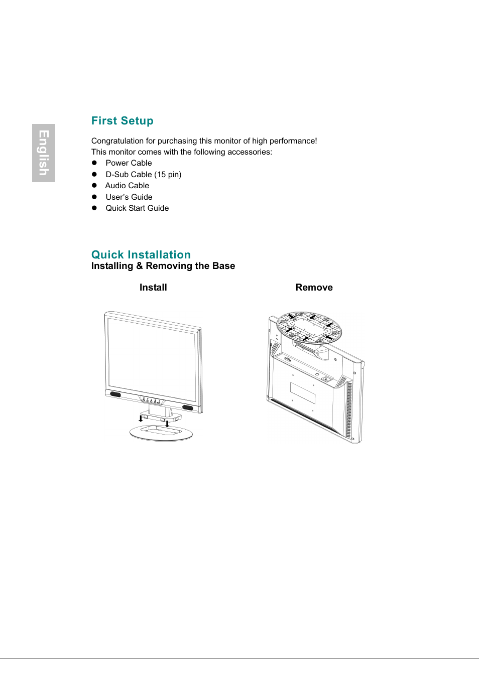 First setup, Quick installation, English | AOC 718Swag-1 User Manual | Page 5 / 57