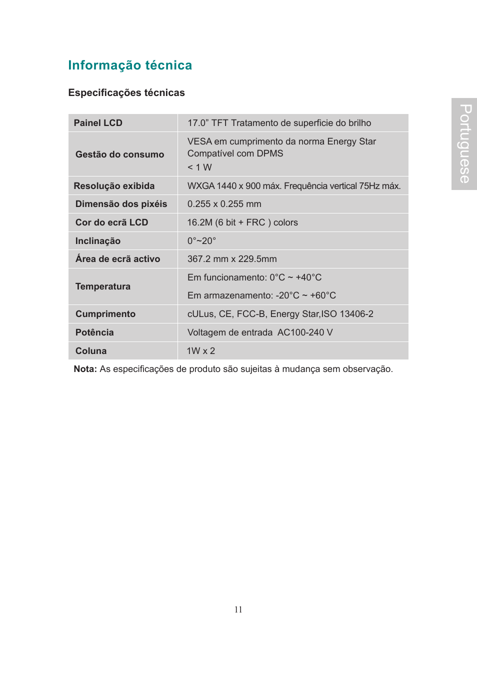 Portuguese, Informação técnica | AOC 718Swag-1 User Manual | Page 56 / 57
