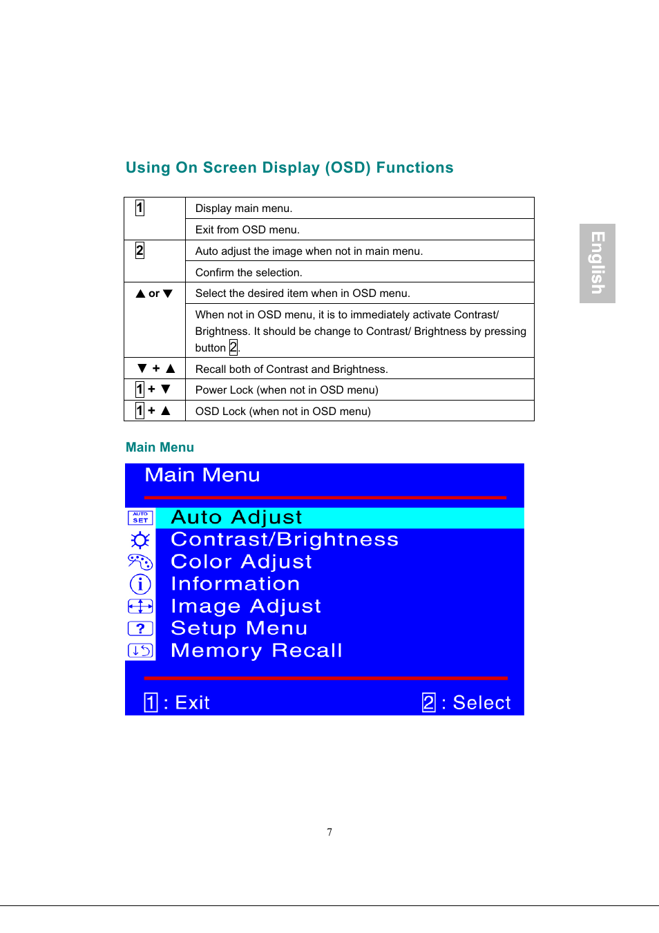 Using on screen display (osd) functions, Main menu, Using on screen display (osd) functions -9 | English, Glish | AOC 919Sw-1 User Manual | Page 10 / 47