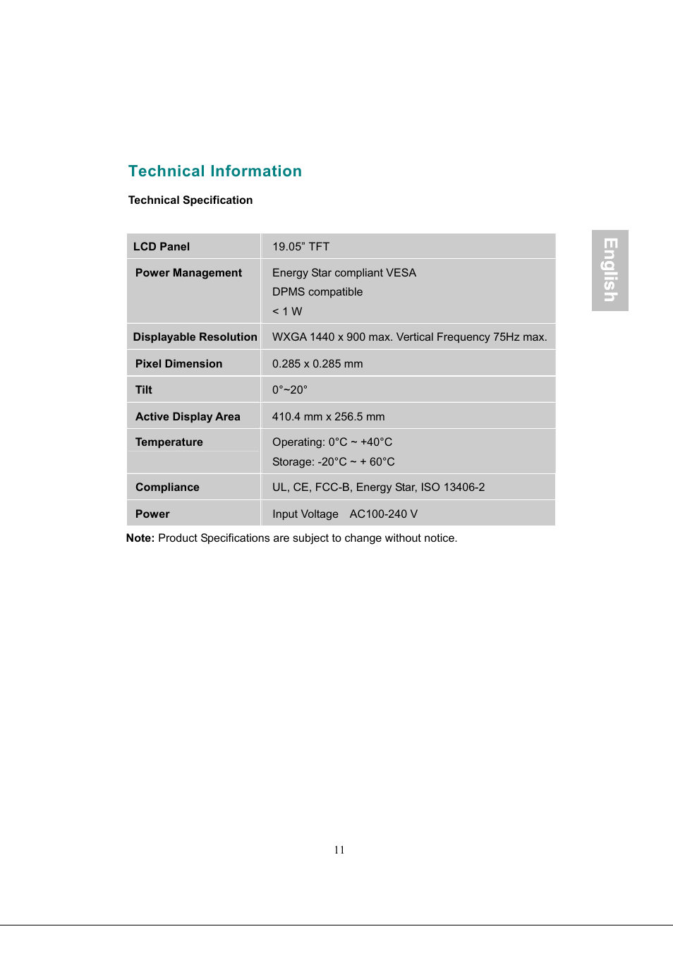 Technical information, Power management, Active display area | Compliance, English, Glish | AOC 919Sw-1 User Manual | Page 14 / 47