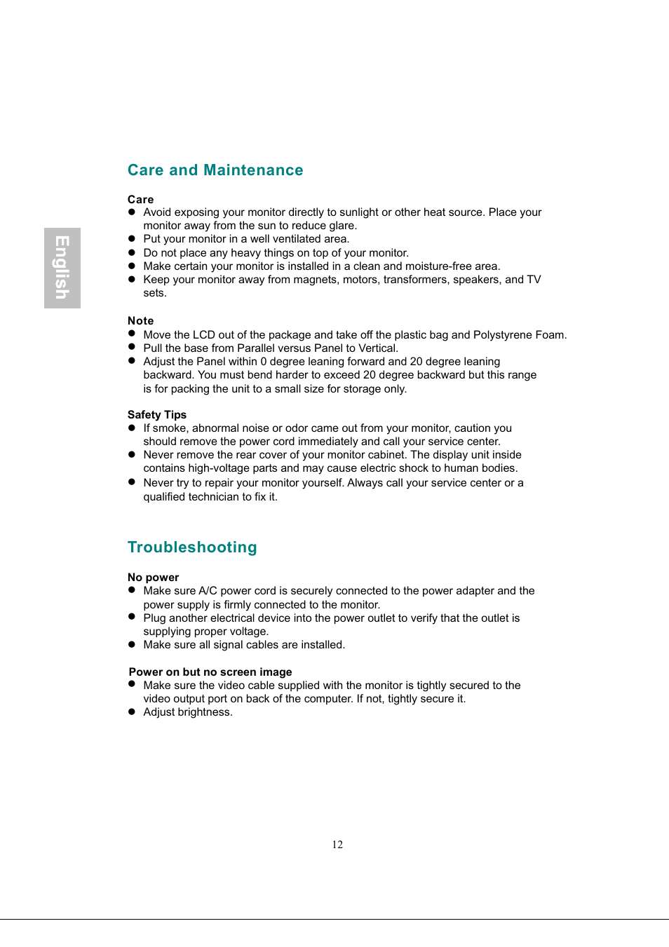 Care and maintenance, Care, Note | Troubleshooting, Care and maintenance troubleshooting -13, English, Glish | AOC 919Sw-1 User Manual | Page 15 / 47