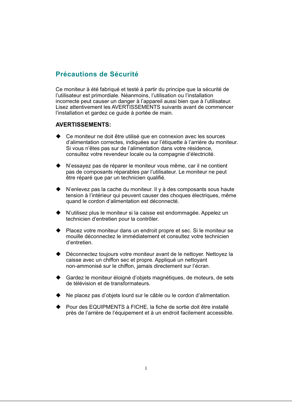 Précautions de sécurité | AOC 919Sw-1 User Manual | Page 19 / 47