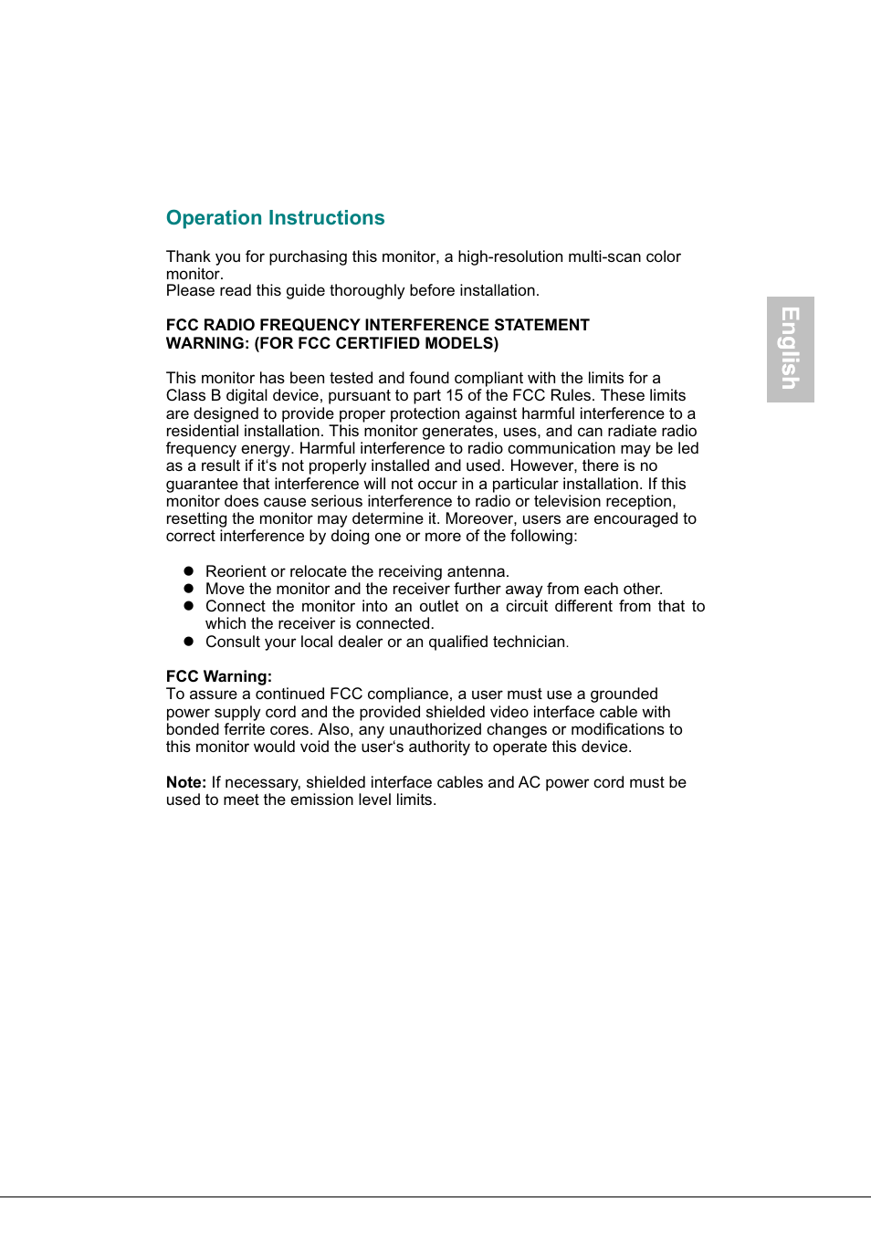 Operation instructions, English, Glish | AOC 919Sw-1 User Manual | Page 2 / 47