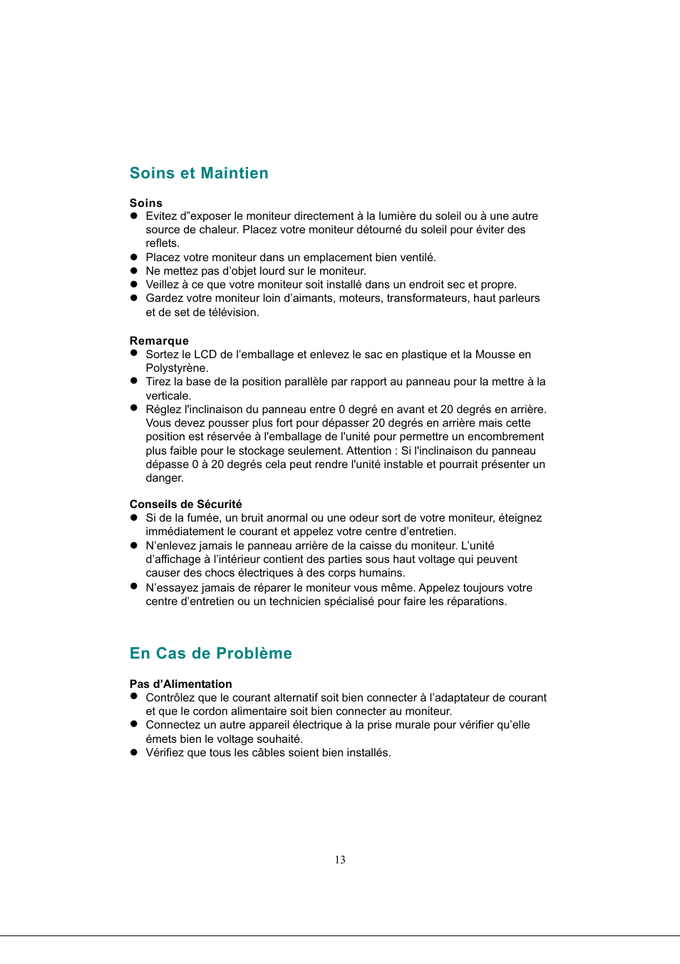 Soins et maintien, Soins, Remarque | En cas de problème, Soins et maintien en cas de problème -14 | AOC 919Sw-1 User Manual | Page 31 / 47