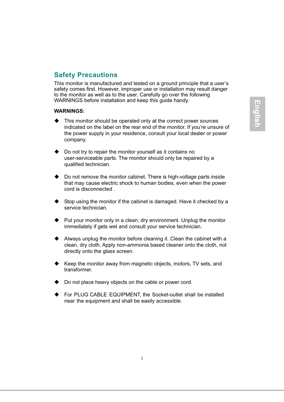 Safety precautions, English, Glish | AOC 919Sw-1 User Manual | Page 4 / 47