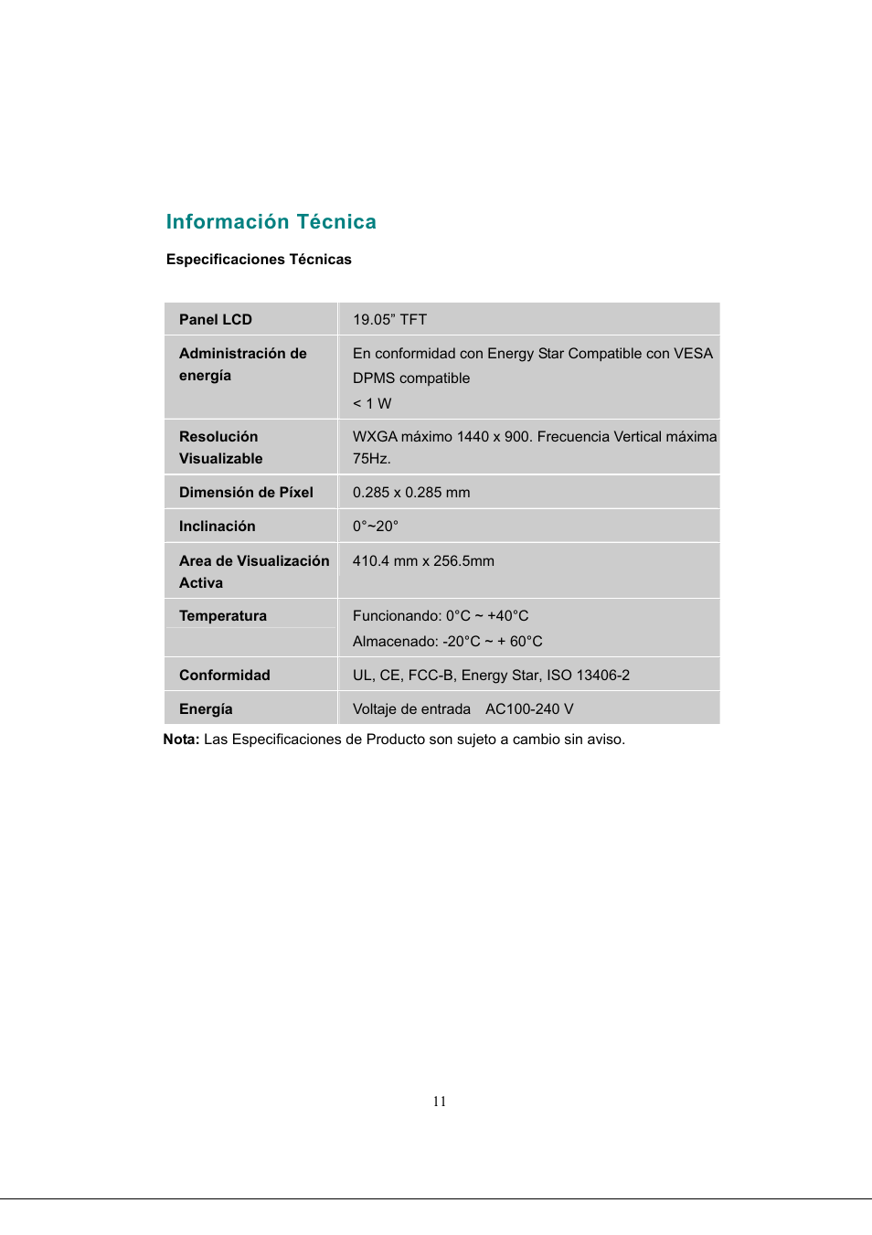 Información técnica, Panel lcd, Administración de energía | Area de visualización activa, Conformidad | AOC 919Sw-1 User Manual | Page 45 / 47