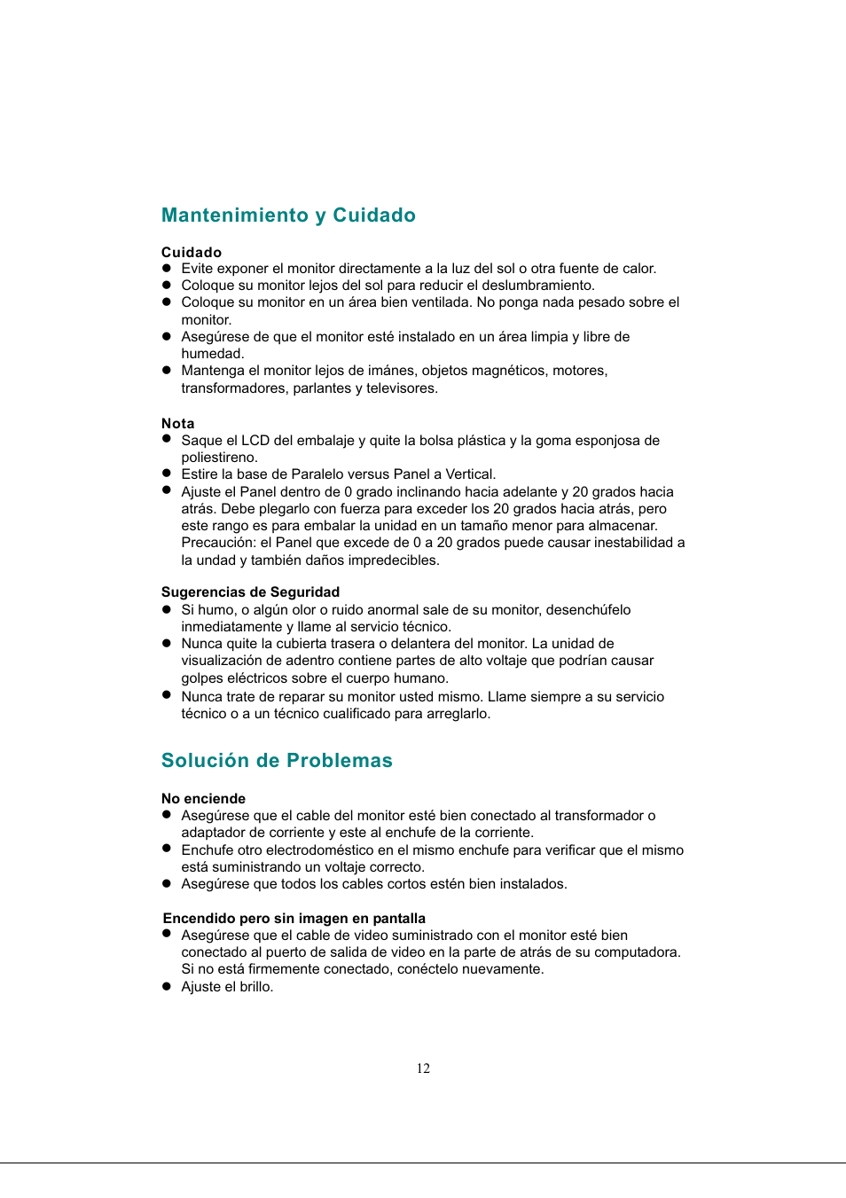 Mantenimiento y cuidado, Cuidado, Nota | Solución de problemas, Mantenimiento y cuidado solución de problemas -13 | AOC 919Sw-1 User Manual | Page 46 / 47