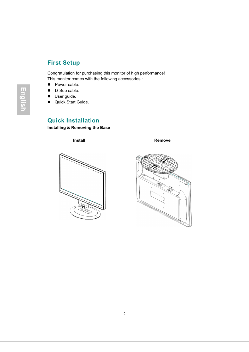 First setup, Quick installation, First setup quick installation -5 | English, Glish | AOC 919Sw-1 User Manual | Page 5 / 47