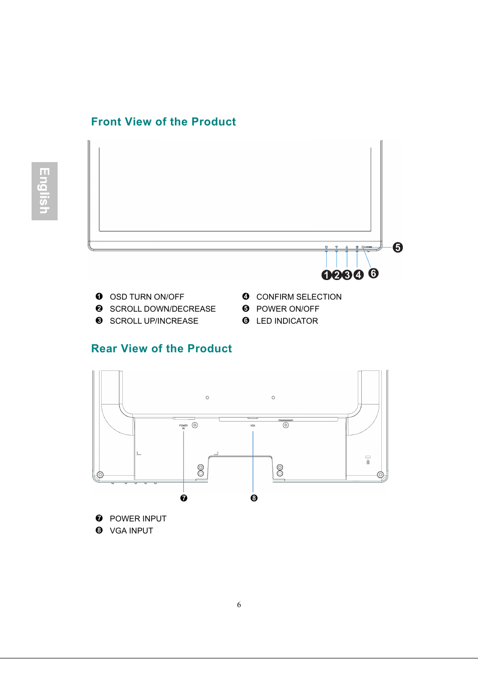 Front view of the product, Rear view of the product, Front view of the product rear view of the product | English, Glish | AOC 919Sw-1 User Manual | Page 9 / 47