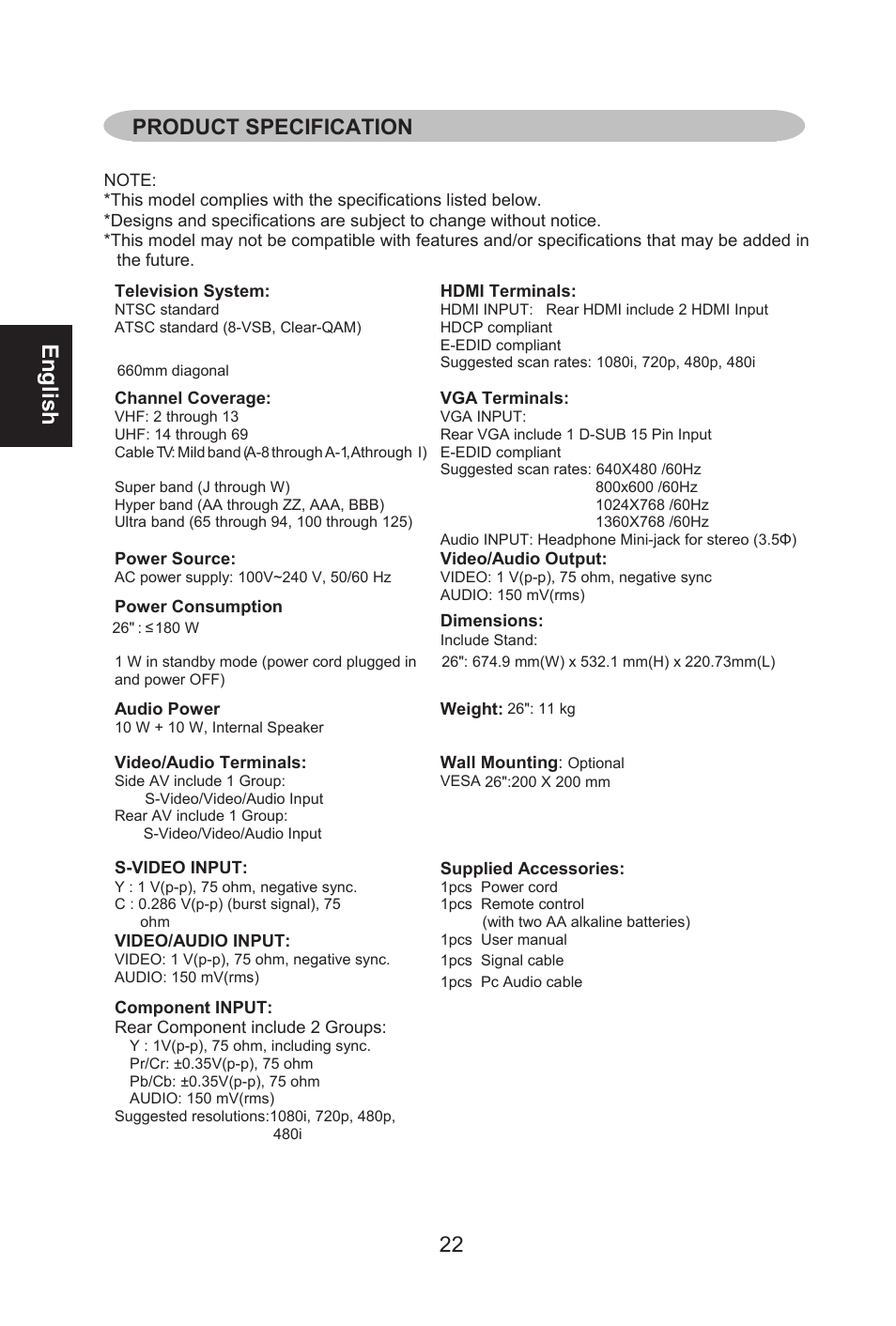 English, Product specification | AOC L26W661 User Manual | Page 23 / 27