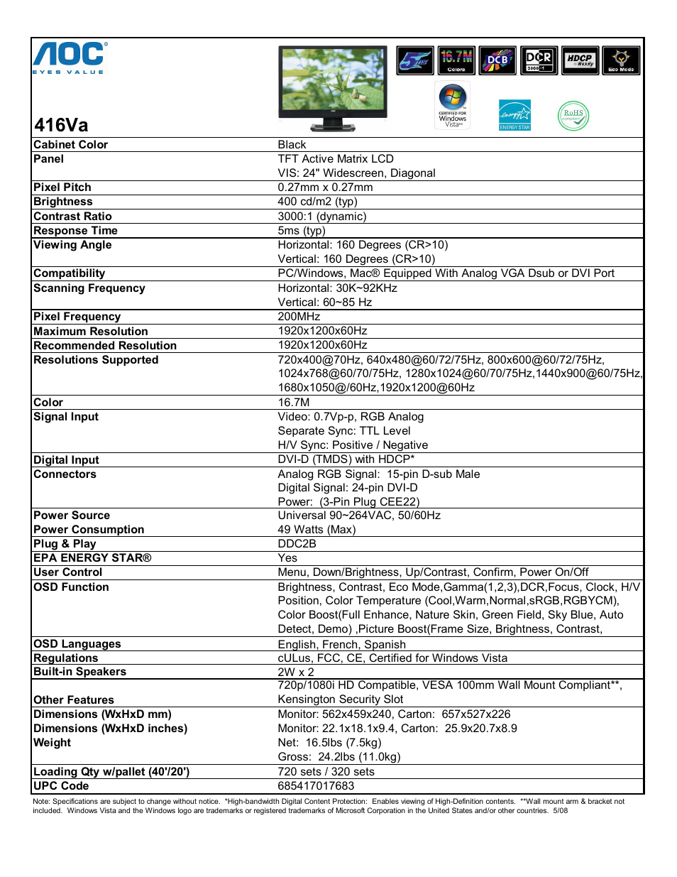 AOC 416Va User Manual | 1 page