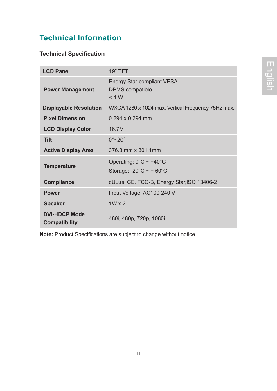 English, Technical information | AOC Flat Panel Monitor 197Va1 User Manual | Page 13 / 59