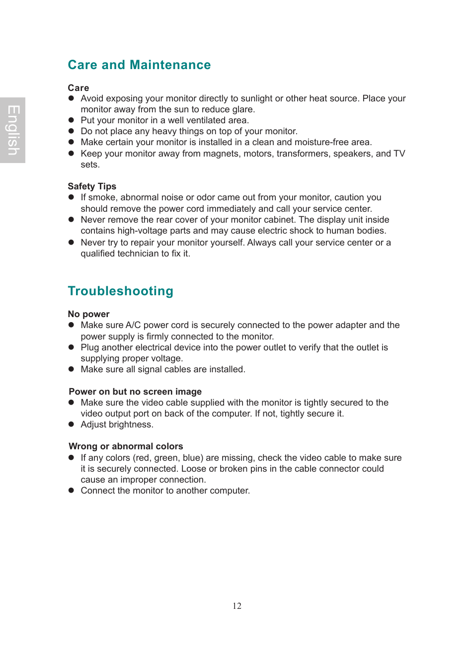 English, Care and maintenance, Troubleshooting | AOC Flat Panel Monitor 197Va1 User Manual | Page 14 / 59