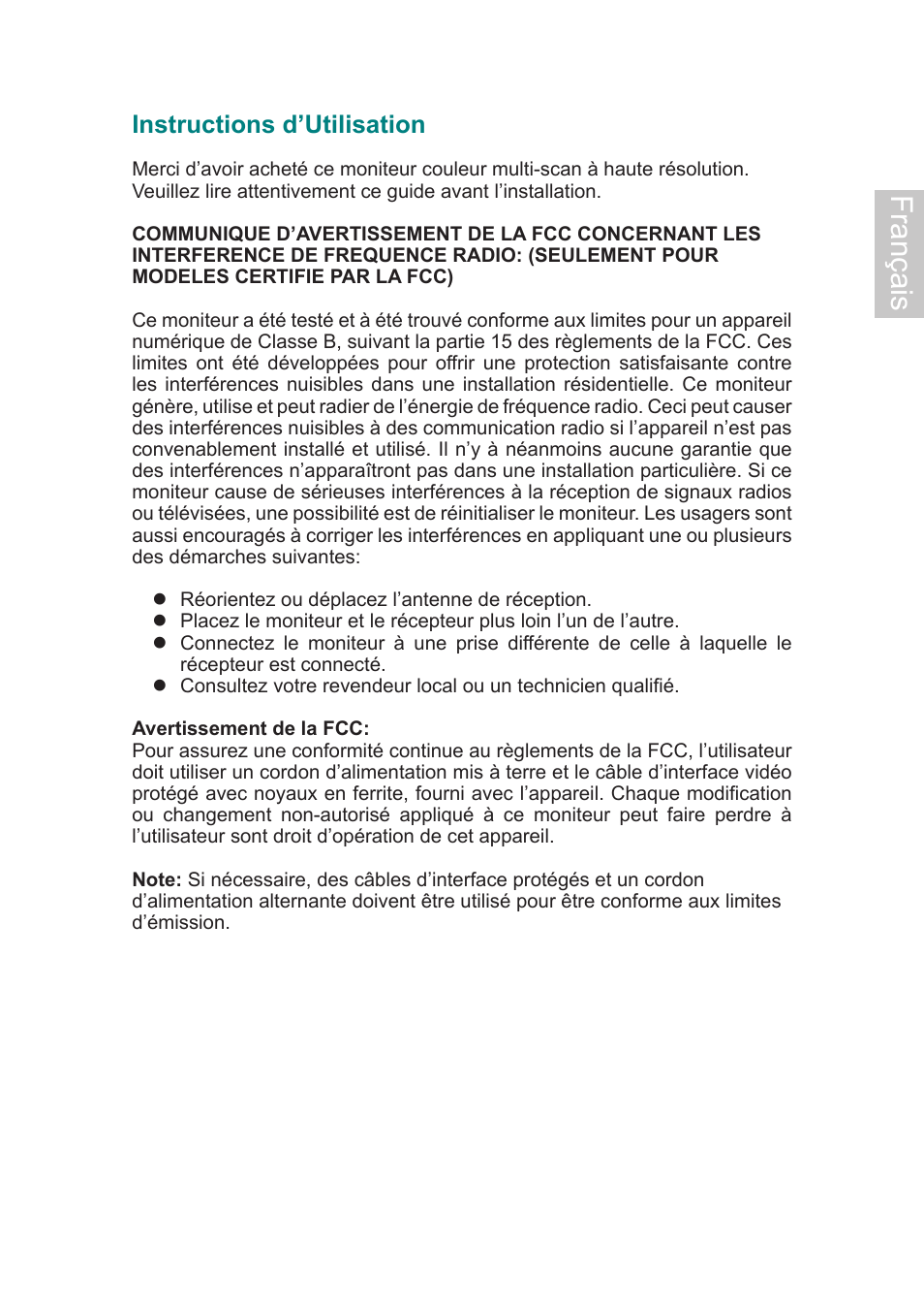 Français, Instructions d’utilisation | AOC Flat Panel Monitor 197Va1 User Manual | Page 15 / 59