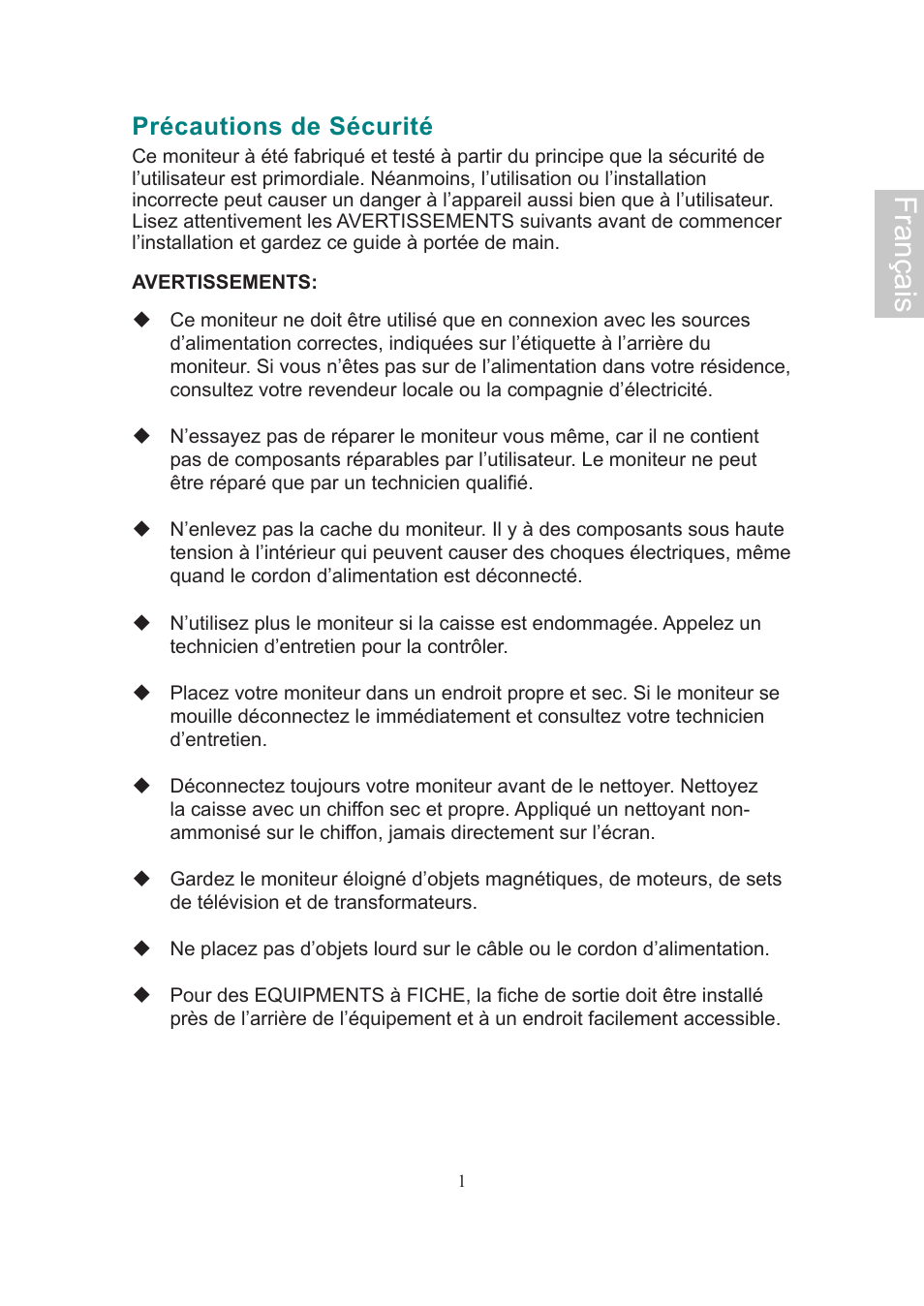 Français, Précautions de sécurité | AOC Flat Panel Monitor 197Va1 User Manual | Page 17 / 59