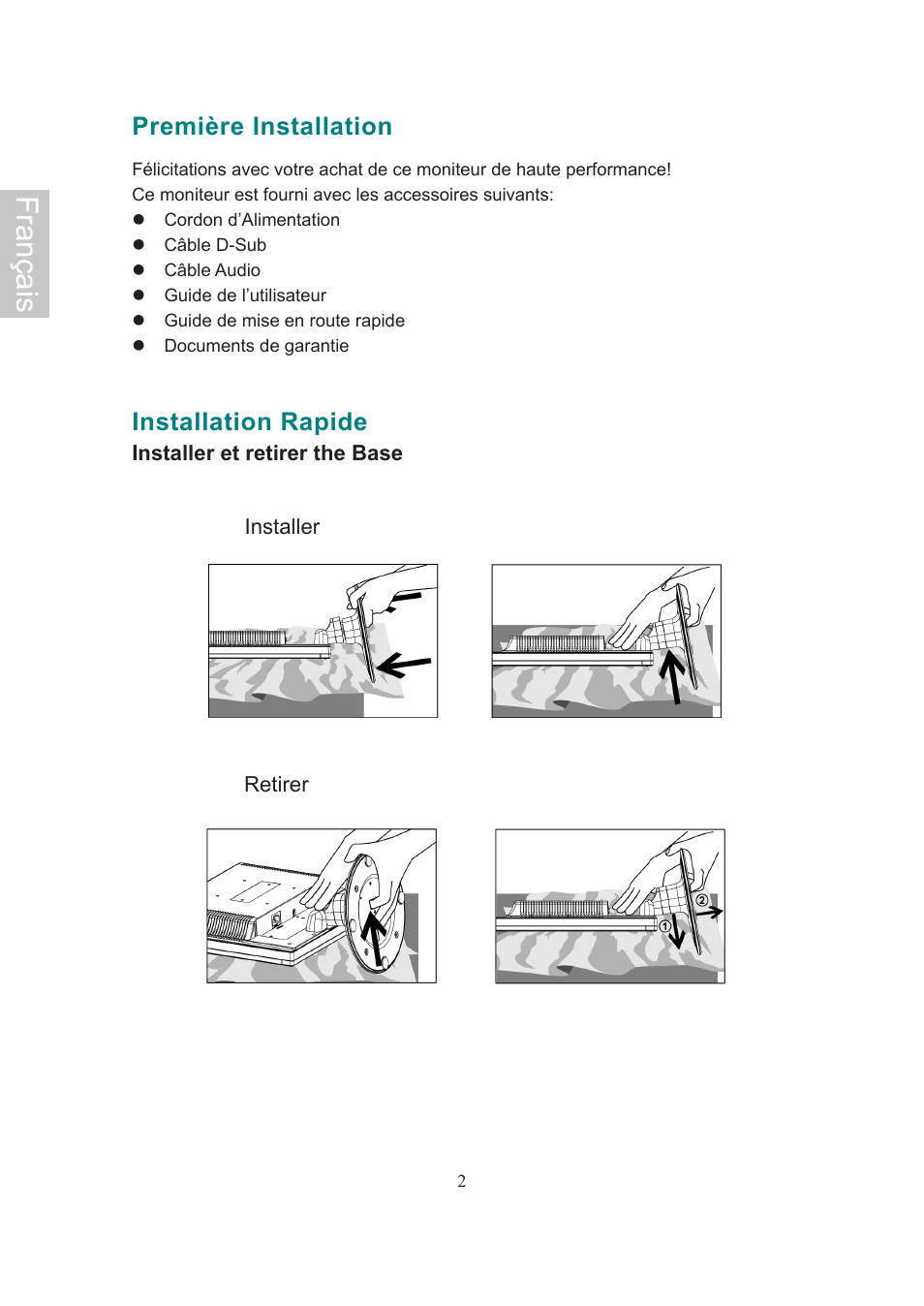 Français, Première installation, Installation rapide | AOC Flat Panel Monitor 197Va1 User Manual | Page 18 / 59