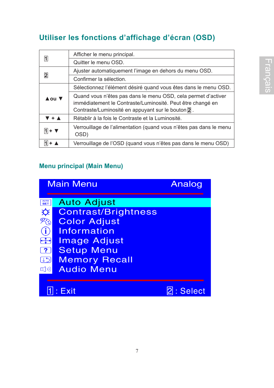 Français, Utiliser les fonctions d’affichage d’écran (osd) | AOC Flat Panel Monitor 197Va1 User Manual | Page 23 / 59