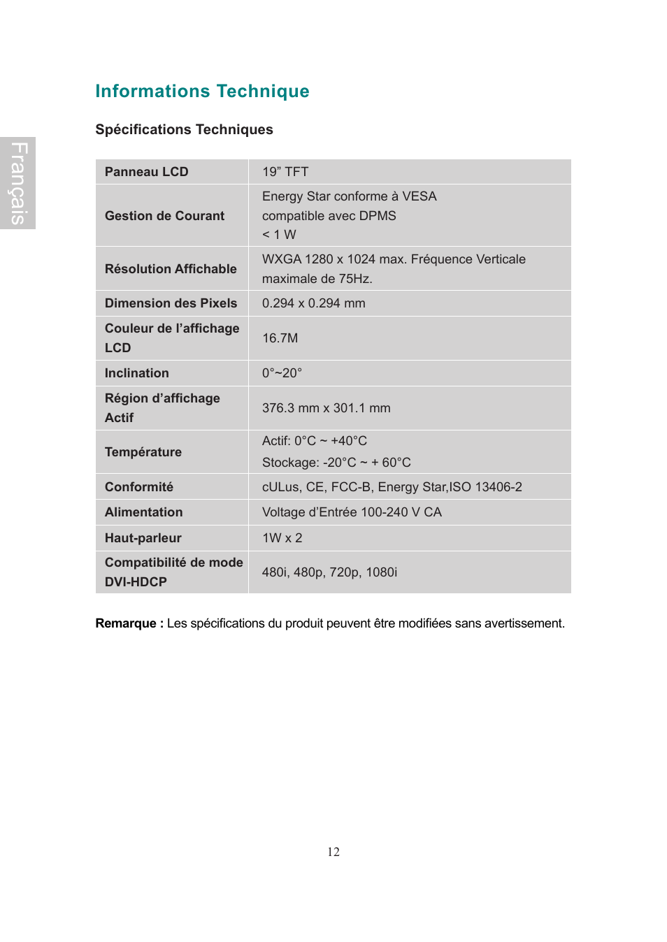 Français, Informations technique | AOC Flat Panel Monitor 197Va1 User Manual | Page 28 / 59