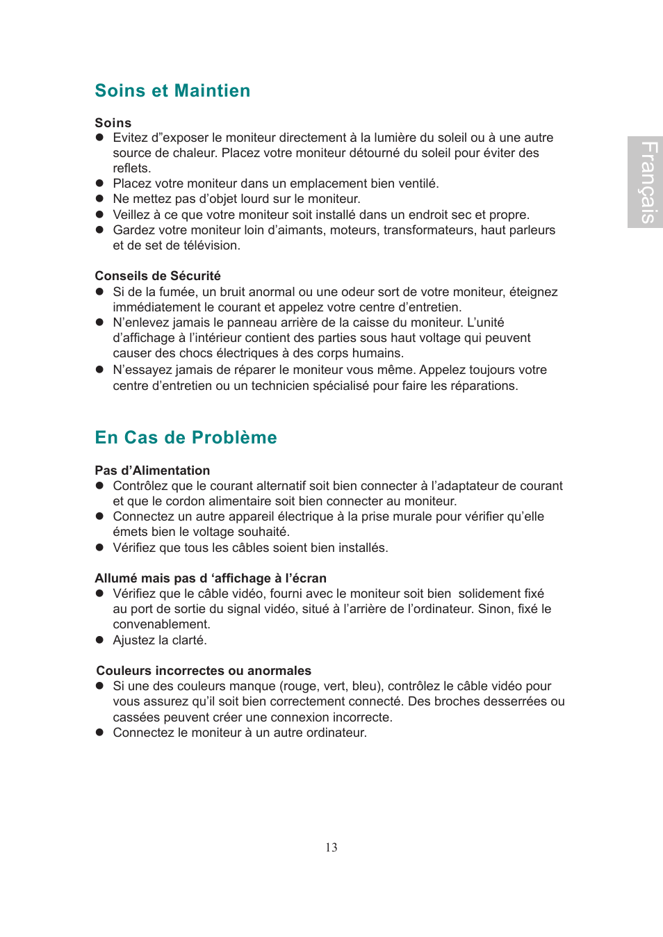 Français, Soins et maintien, En cas de problème | AOC Flat Panel Monitor 197Va1 User Manual | Page 29 / 59