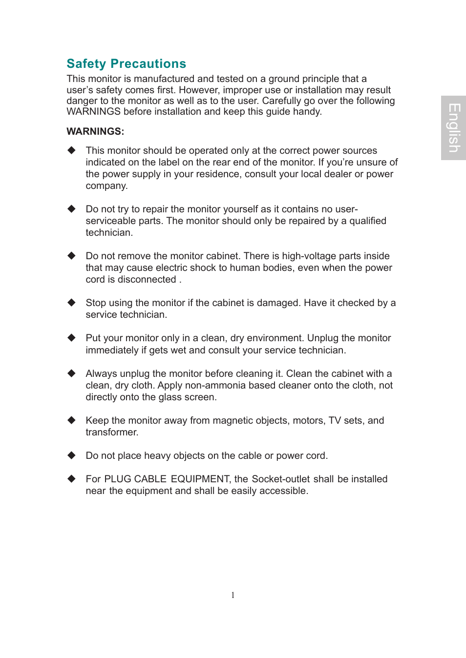 English, Safety precautions | AOC Flat Panel Monitor 197Va1 User Manual | Page 3 / 59