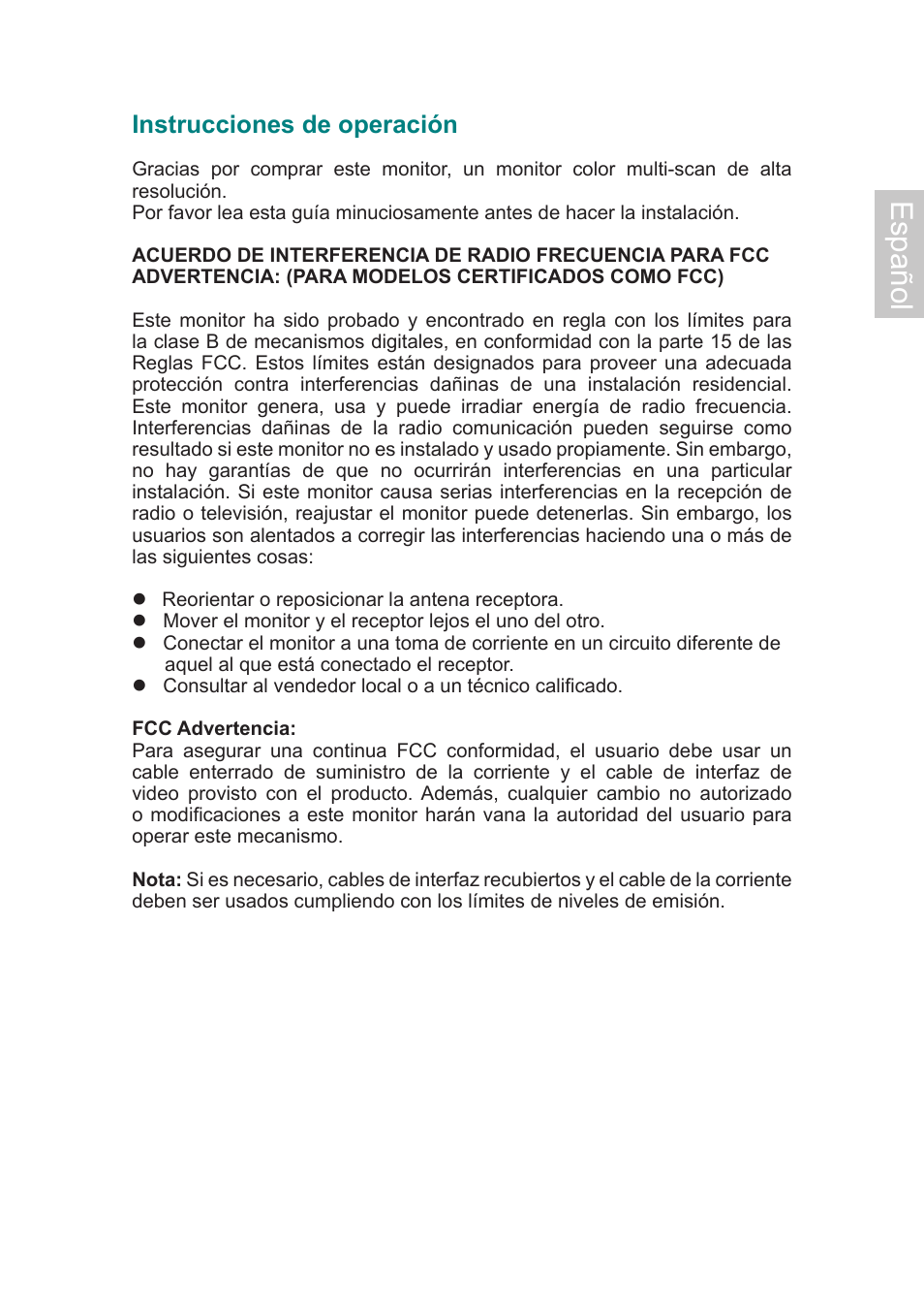 Español, Instrucciones de operación | AOC Flat Panel Monitor 197Va1 User Manual | Page 30 / 59