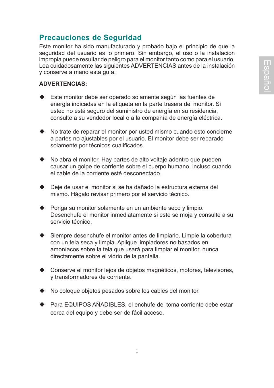 Español, Precauciones de seguridad | AOC Flat Panel Monitor 197Va1 User Manual | Page 32 / 59