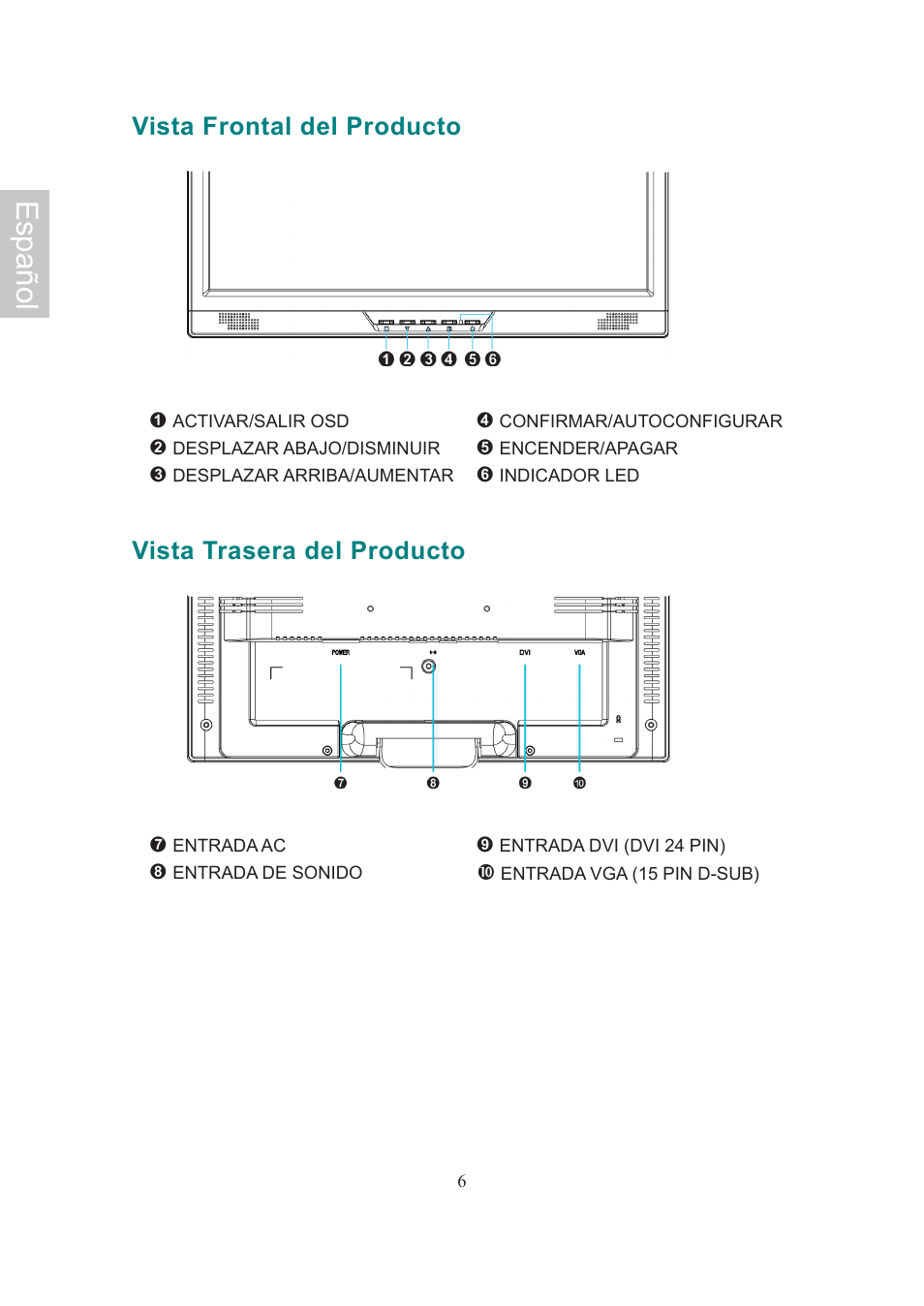 Español, Vista frontal del producto, Vista trasera del producto | AOC Flat Panel Monitor 197Va1 User Manual | Page 37 / 59
