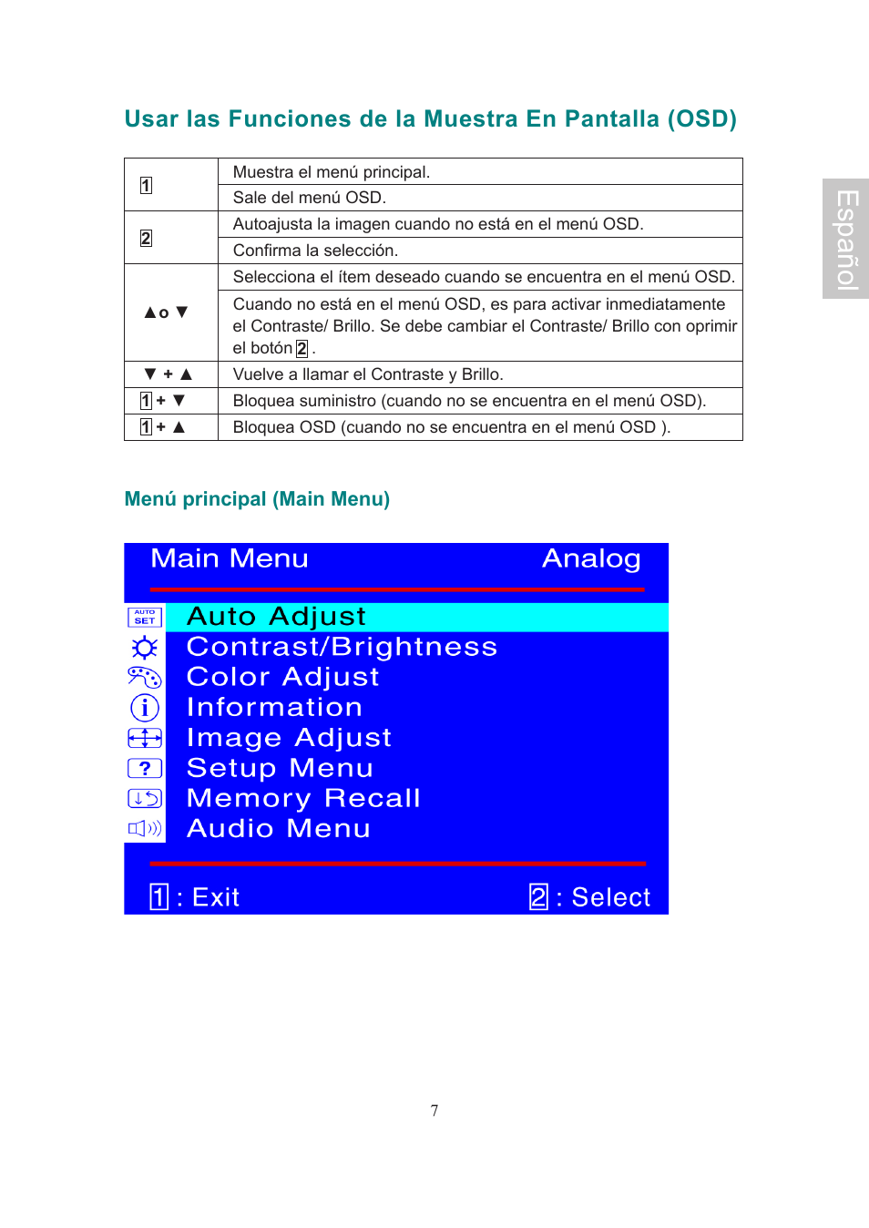 Español, Usar las funciones de la muestra en pantalla (osd) | AOC Flat Panel Monitor 197Va1 User Manual | Page 38 / 59