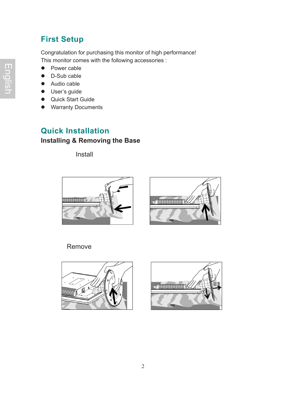 English, First setup, Quick installation | AOC Flat Panel Monitor 197Va1 User Manual | Page 4 / 59