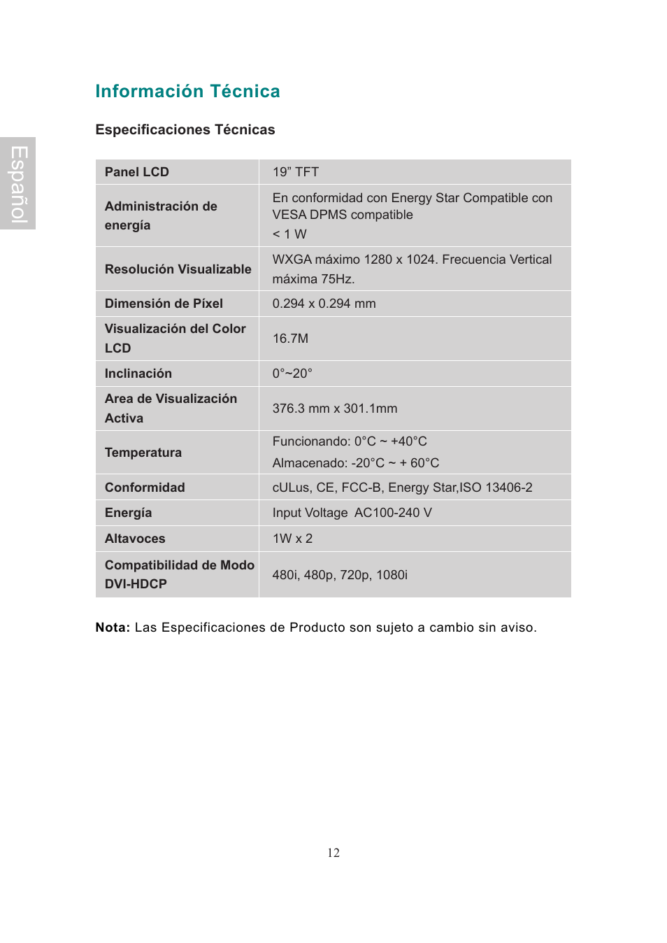 Español, Información técnica | AOC Flat Panel Monitor 197Va1 User Manual | Page 43 / 59
