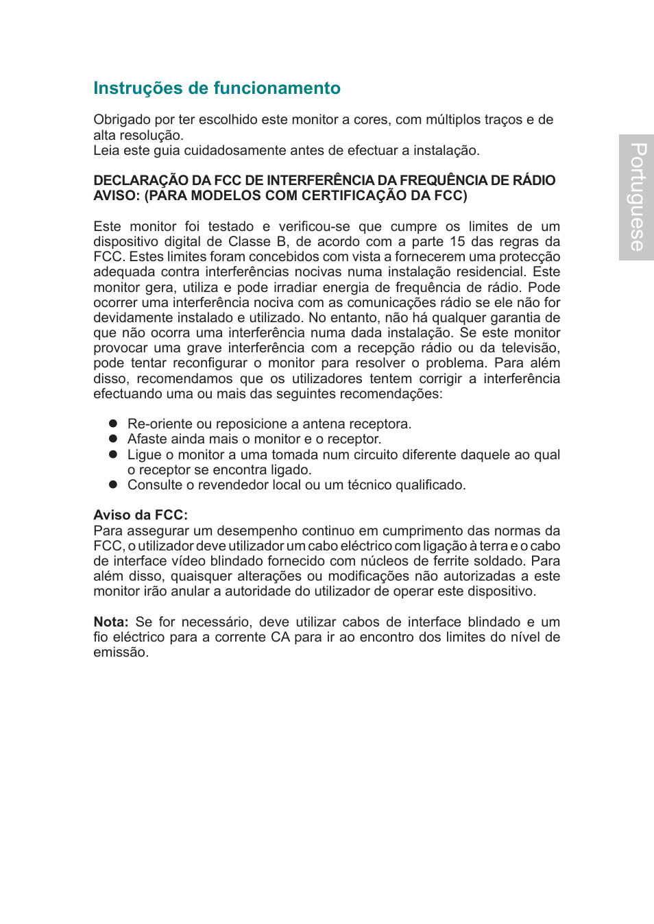 Portuguese, Instruções de funcionamento | AOC Flat Panel Monitor 197Va1 User Manual | Page 45 / 59