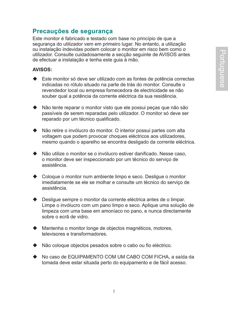 Portuguese, Precauções de segurança | AOC Flat Panel Monitor 197Va1 User Manual | Page 47 / 59