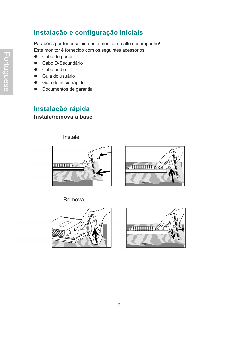 Portuguese, Instalação e configuração iniciais, Instalação rápida | AOC Flat Panel Monitor 197Va1 User Manual | Page 48 / 59