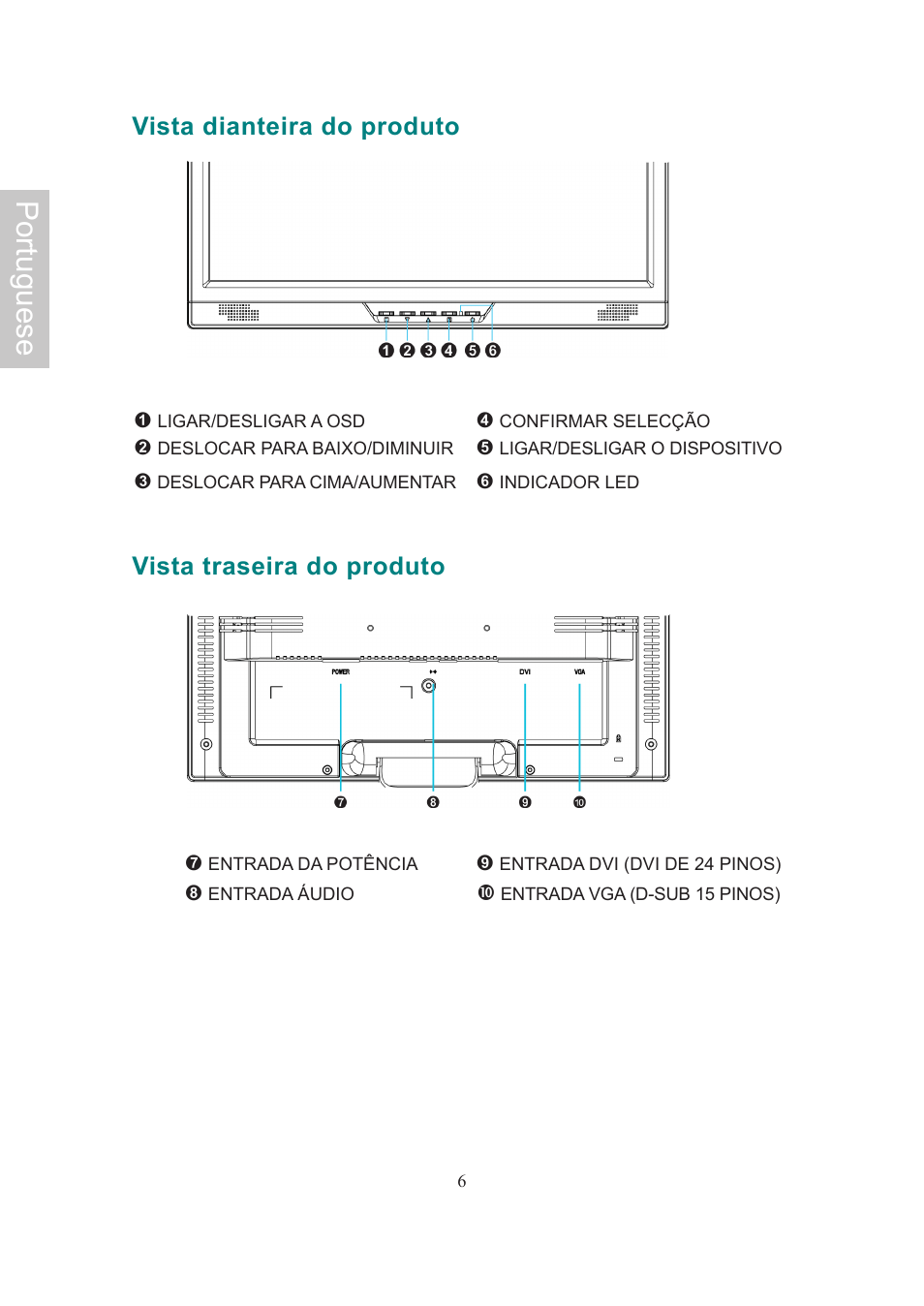 Portuguese, Vista dianteira do produto, Vista traseira do produto | AOC Flat Panel Monitor 197Va1 User Manual | Page 52 / 59
