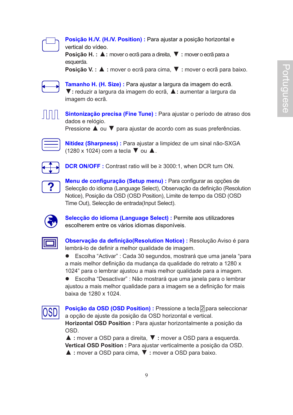 Portuguese | AOC Flat Panel Monitor 197Va1 User Manual | Page 55 / 59