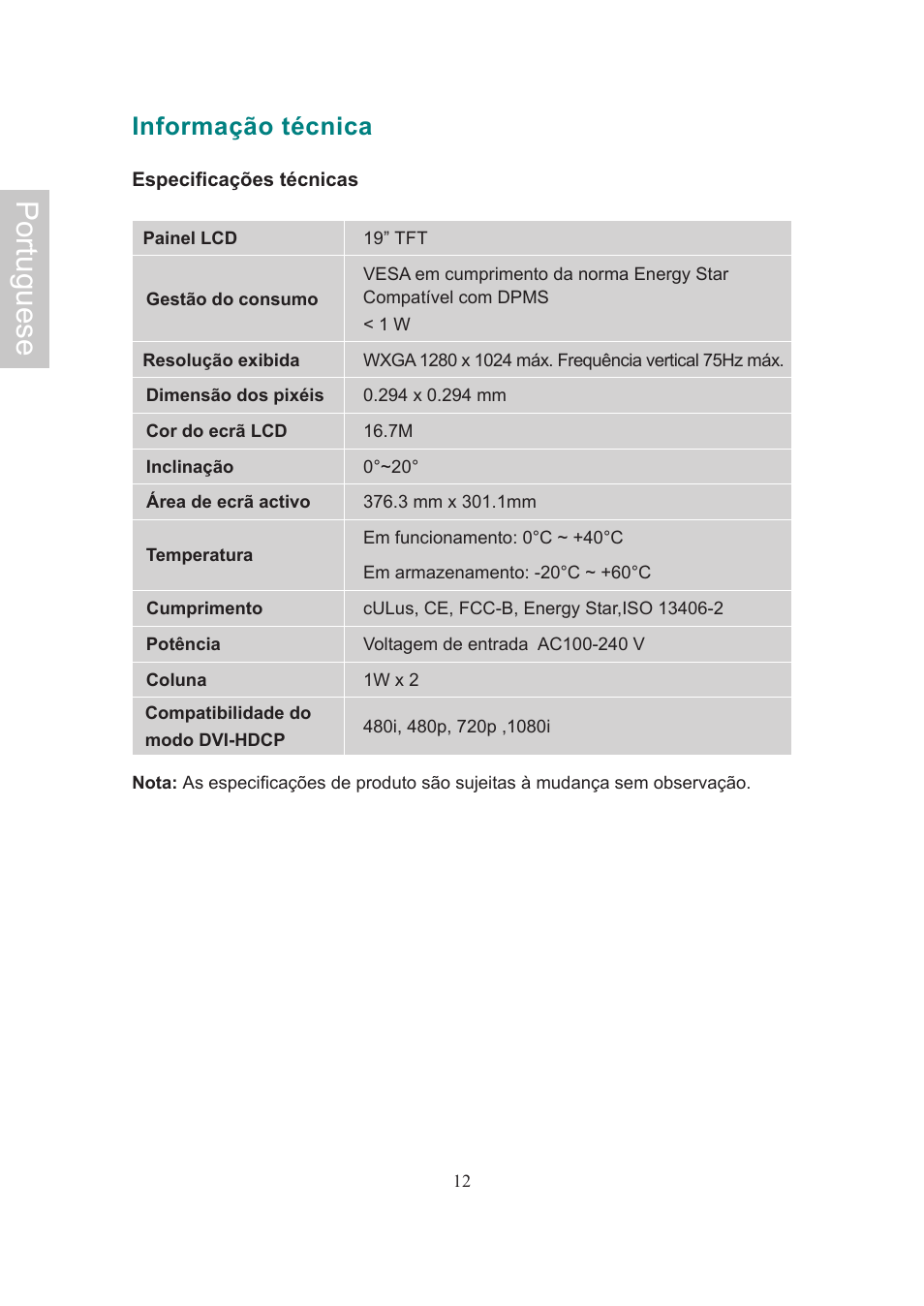 Portuguese, Informação técnica | AOC Flat Panel Monitor 197Va1 User Manual | Page 58 / 59